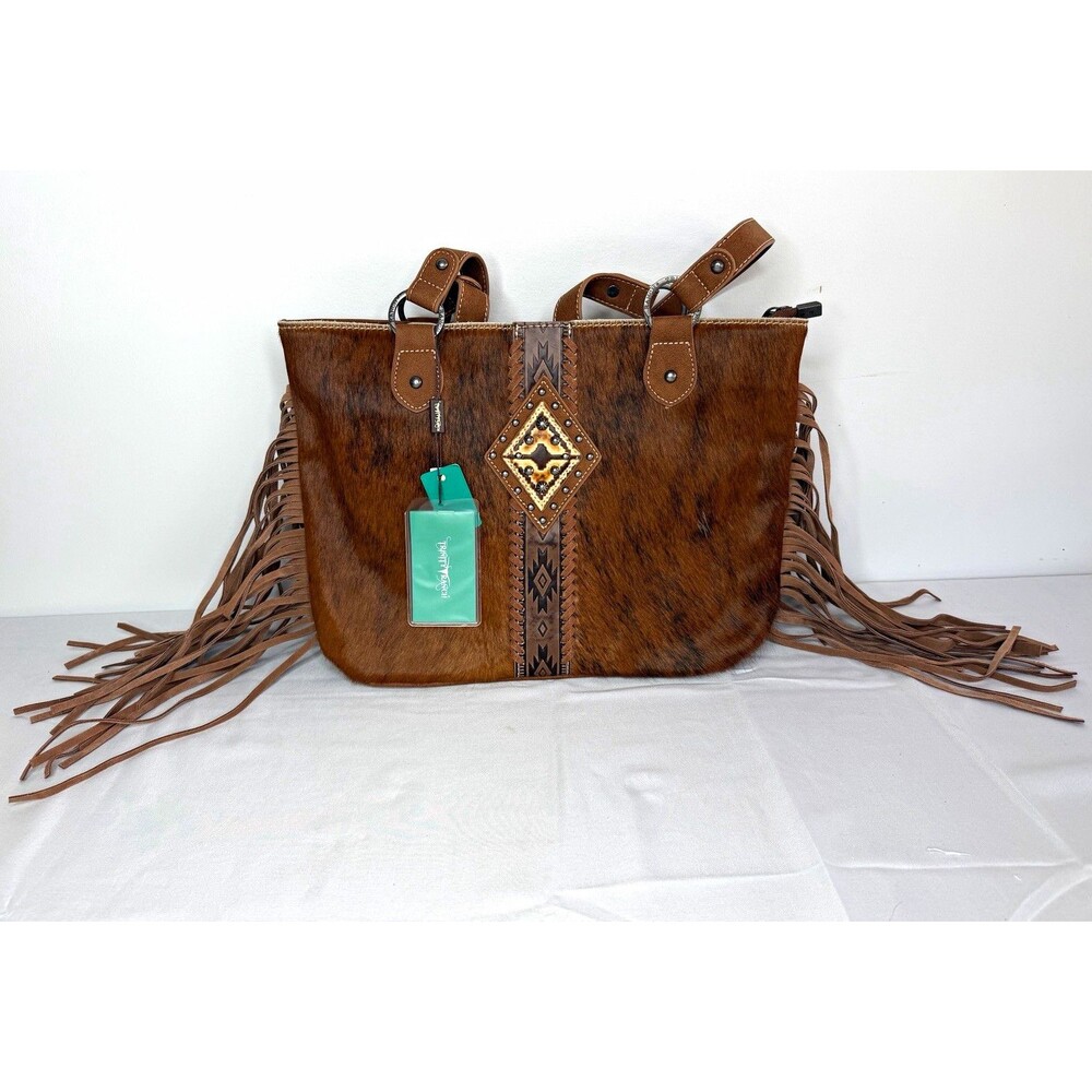 NEW Trinity Ranch Hair-On Hide Brindle Cowhide Fringe Western Tote Purse